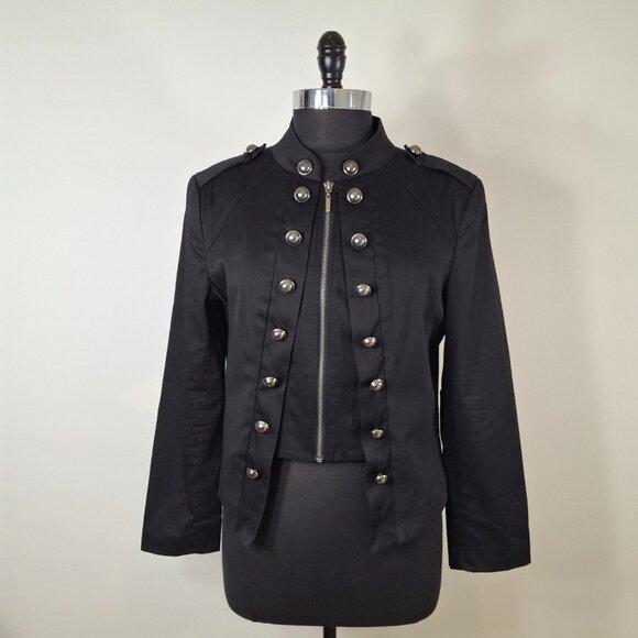 Womens Indie Goth Cropped Pea Coat Military Style Jacket Sz XL Epaulettes - Picture 3 of 16